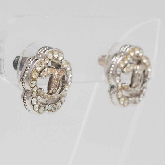 Chanel Silver Metal Crystal Camellia Flower Stud Earrings - Picture 2 of 5